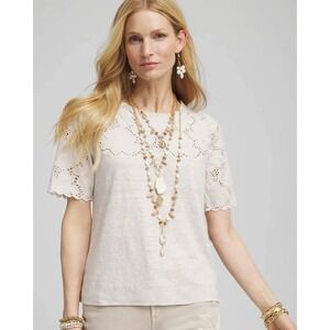 Chico's 0/Small Embroidered Lace Linen Eyelet Top Beige Ruffle Neck Puff Sleeve